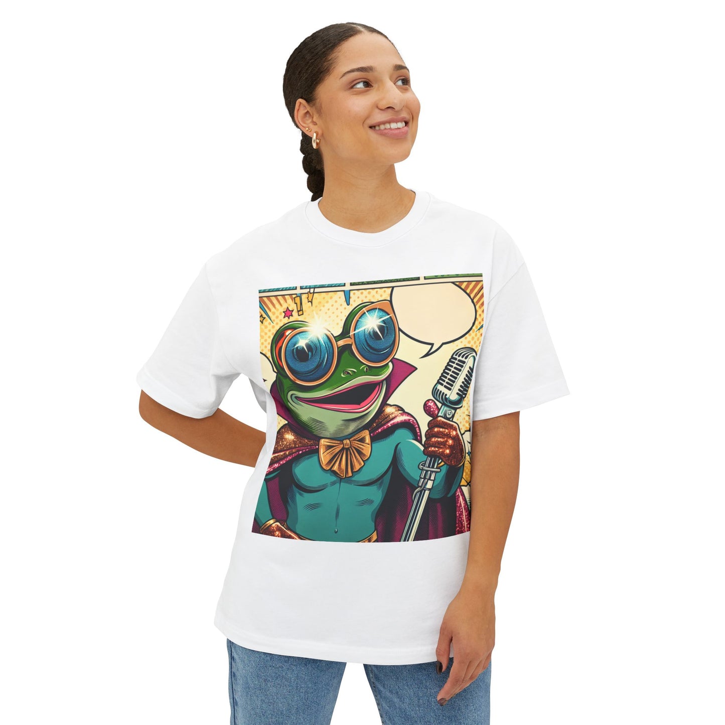 Superhero Frog Unisex Oversized Boxy Tee, Funny Graphic T-Shirt, Quirky Apparel, Gift for Frog Lovers, Statement Piece