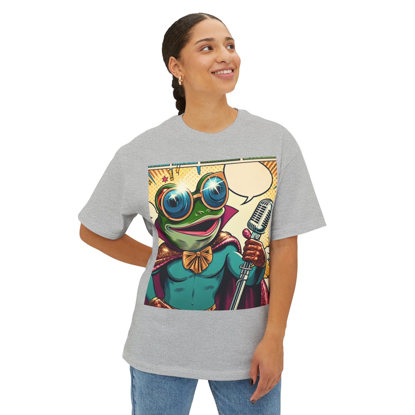Superhero Frog Unisex Oversized Boxy Tee, Funny Graphic T-Shirt, Quirky Apparel, Gift for Frog Lovers, Statement Piece
