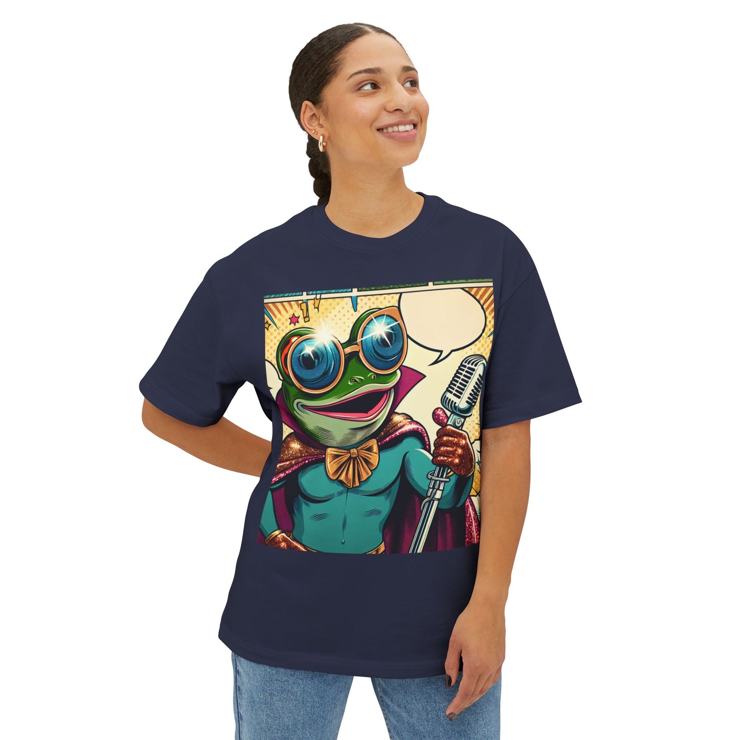 Superhero Frog Unisex Oversized Boxy Tee, Funny Graphic T-Shirt, Quirky Apparel, Gift for Frog Lovers, Statement Piece